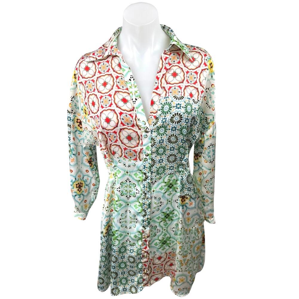 Zara Multicolor Patchwork Printed Button Down Long Sleeve Mini Shirt Dress Sz M